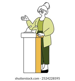 Experienced businesswoman giving a presentation. Professional female leader addressing an audience. Corporate communication and leadership. Vector illustration.