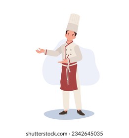 Experienced Chef in Friendly Gesture. Male Chef Inviting with Welcoming Gesture. Flat vector cartoon illustration