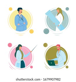 Experienced Clinic Doctor Character in Lab Coat. Adult Man in Medical Coat with Stethoscope on Neck. Girl Hold Large Test Tube. Medical Scientist with Pointer in Hand. Guy Physician with Laptop.