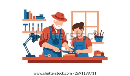 Experienced Craftsman Guides Enthusiastic Apprentice in Workshop Setting