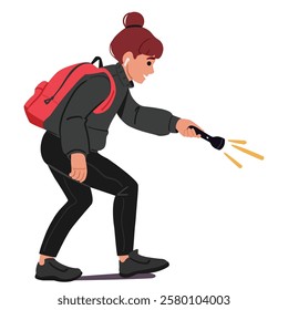 Experienced curious teen girl imagining herself as spy searching crime route with flashlight vector illustration. Young smart female cartoon character walking enjoying investigation activity