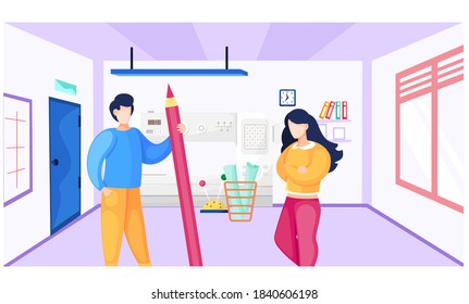 Diseñador experimentado en la escuela de costureros explica un nuevo tema. Lección de coser para un estudiante. El hombre está de pie con un lápiz en las manos. Clase creando ropa. Niña escucha la explicación
