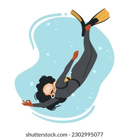 Experienced Diver Female Character Explore Underwater Wonders, Discovering Marine Life And Hidden Treasures. Expertly Maneuvering Through Depths Of Underwater World. Cartoon People Vector Illustration