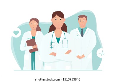 Experienced Doctor With And Nurse And Intern. Medical Care Or Urgent Care Concept. Friendly And Caring Doctors Meet The Patient. Applicable For Heart Clinic Advertisement. Cartoon Vector Illustration.