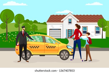 Experienced Driver in Front of his Car Waiting for Passengers at Home Building. Woman with Little School Boy Going to Sit in Yellow Cab. Mother with Son Ordered Taxi. Cartoon Flat Vector Illustration.