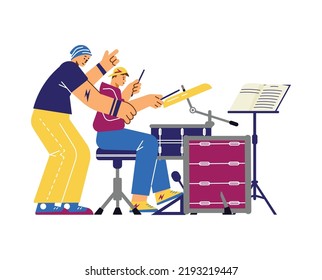 Experienced drummer teaching young boy to play on instrument flat style, vector illustration isolated on white background. Learning to beat, music lesson, rhythmic