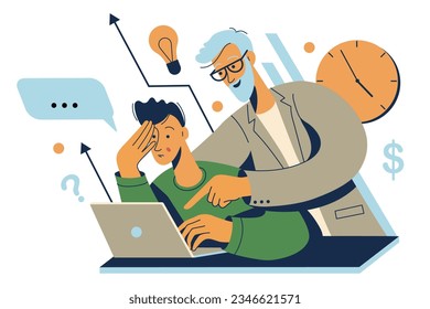 Experienced elder employee helping young colleague. Mentoring, coaching, training concept.