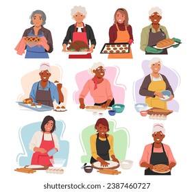 Experienced Elder Women Creating Culinary Magic In The Kitchen, Their Time-honored Recipes Infusing Warmth And Love Into Every Delicious Baked Treat They Craft. Cartoon Vector Illustration