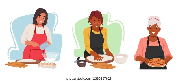 Experienced Elder Women, With Decades Of Baking Wisdom, Lovingly Create Delectable Treats. Their Expertise Infuses Every Bite With A Warm, Homemade Embrace. Cartoon Vector Illustration