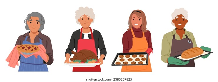 Experienced Elder Women, With Decades Of Culinary Wisdom, Create Delectable Baked Goods, Pies, Cookies or Turkey, Infusing Each Treat With A Lifetime Of Love And Expertise. Cartoon Vector Illustration