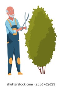 An Experienced Elderly Gardener Pruning a Bush Carefully and Skillfully with Shears