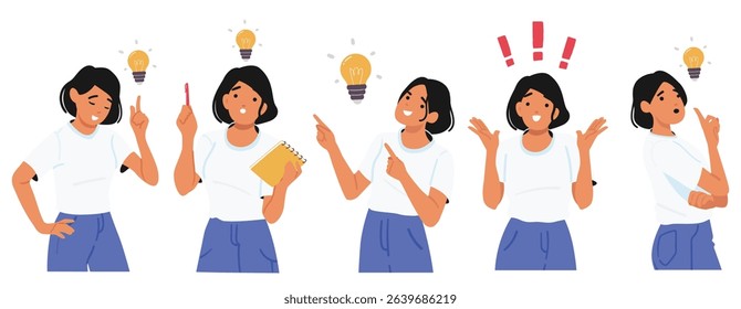 Experienced emotional woman cartoon character thinking, making decision having brilliant idea isolated set on white. Female cognition process, innovation and good imagination vector illustration