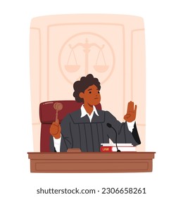 Carácter Femenino Experimentado, Justo Y Autorizado De Las Juezas, Llevando Sabiduría E Imparcialidad A La Sala De Tribunales, Asegurando Que La Justicia Se Sirva Con Integridad Y Conocimiento. Ilustración de vectores de personas de caricatura