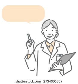 Una doctora experimentada explicando con el dedo índice levantado. Una ilustración de dibujo de línea simple y elegante
