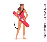 Experienced Female Lifeguard Character Ensuring Safety, Vigilance, Rescue Readiness At The Pool Or Beach. Proficient In Cpr, First Aid, And Water Rescue Techniques. Cartoon People Vector Illustration