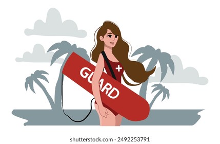 Experienced Female Lifeguard Character Ensuring Safety, Vigilance, Rescue Readiness At The Pool Or Beach. Proficient In Cpr, First Aid, And Water Rescue Techniques. Cartoon People Vector Illustration.