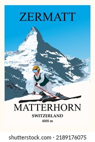 Experienced female skier glides on skis against the backdrop of the Matterhorn mountain. Zermatt ski resort vintage poster travel illustration design, swiss alps poster design