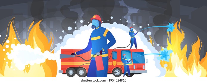 Bomberos experimentados en misión, trabajo de rescate, extinción de incendios, profesión peligrosa, estilo de dibujos animados, ilustración vectorial.