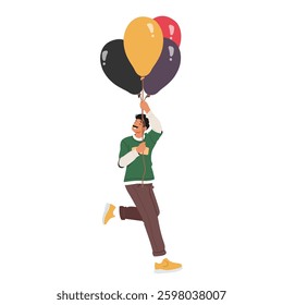 Experienced guy cartoon character flying holding helium balloons in hands moving legs in air like running isolated on white background. Funny festive man celebrating holiday vector illustration