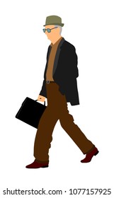 Experienced lawyer with suitcase walking vector. Elegant senior gentleman. Mature businessman. Old school teacher. Man in suit with hand in pocket. Secret service member double agent. Grandfather walk