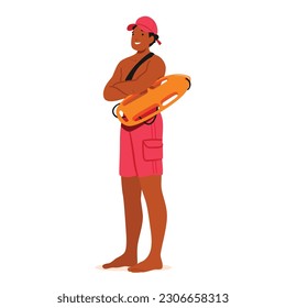 Experienced Lifeguard Male Character Ensuring Safety, Vigilance, And Rescue Expertise. Highly Trained, Skilled In Cpr, First Aid And Swift Response In Emergency Situations. Cartoon Vector Illustration