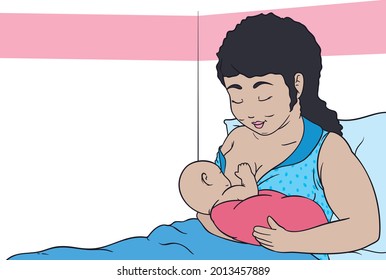 Experienced And Lovely Chubby Mom In The Hospital, Breastfeeding Her Baby While Rest In The Bed With Love And Care.