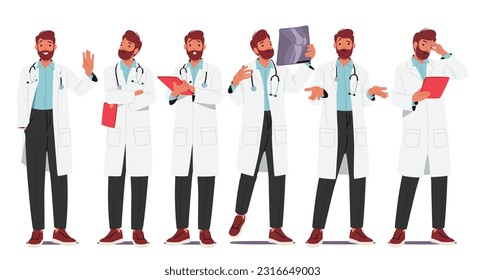 Experienced Male Doctor Character Providing Exceptional Medical Care And Expertise. Medic Man Standing with Clipboard, X-ray Improving Patients Health. Cartoon People Vector Illustration