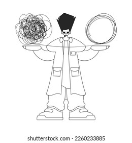 Experienced male doctor demonstrates confused thoughts. Theme of psychology. Linear newspaper black and white style.