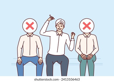 Experienced man candidate for vacancy rejoices at receiving job offer, sitting among rivals with crosses instead of face. Overjoyed manager got new job with high salary and insurance reimbursement
