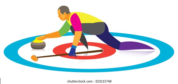 an experienced man is a player in curling, who throw on the heavy granite stone on ice