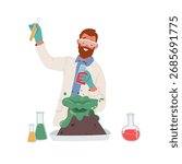 Experienced man scientist making scientific experiment with chemicals mixing ingredient isolated on white background. Young professor chemist studying chemistry in laboratory vector illustration