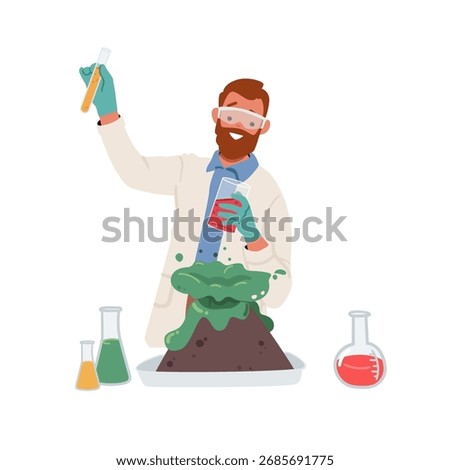 Experienced man scientist making scientific experiment with chemicals mixing ingredient isolated on white background. Young professor chemist studying chemistry in laboratory vector illustration