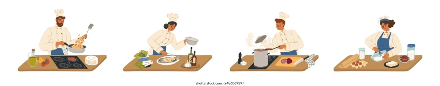 Experienced master chef cartoon character cooking at restaurant table