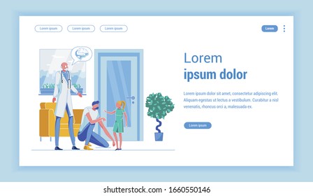 Experienced Neuropathologist, Working with Patients. Young Father and His School Age Daughter Came to See Doctor to Local Clinic. Flat Vector Landing Page Design Template. Copy Space for Extra Text.
