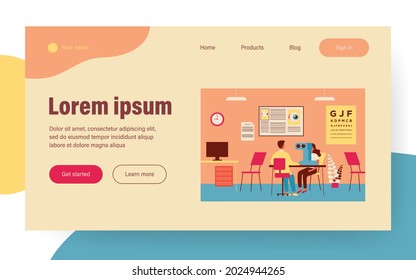 Experienced ophthalmologist checking patient vision flat vector illustration. Cartoon oculist making eye surgery laser correction. Optical medicine and healthcare concept