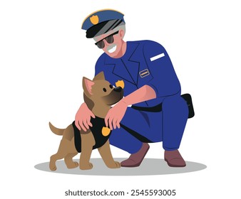 Policial experiente acariciando um cachorrinho, um cachorro em treinamento para ajudar a polícia. ilustração vetorial.