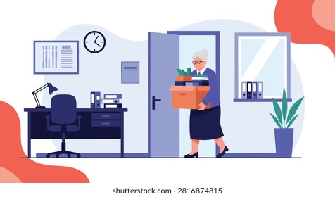Experienced professional departs workplace carrying personal belongings out of office doorway during working hours