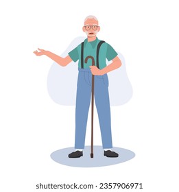 Experienced Senior Advising. Senior man with cane stick is introducing , giving suggestion. Flat vector cartoon illustration