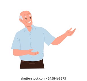 Experienced senior businessman cartoon character pointing hand selling promoting something