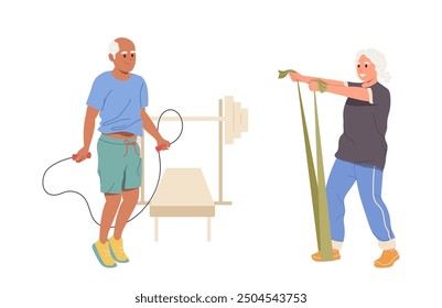 Experienced senior man and elderly woman cartoon character training together isolated on white