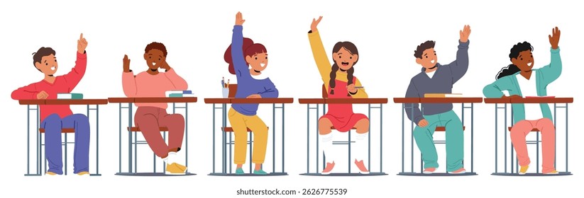 Experienced smart active children raising hands to answer on teacher question sitting at desk with school supplies isolated set on white background. Elementary students cartoon vector illustration