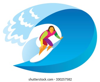 An experienced surfer rides on a huge wave on the surf