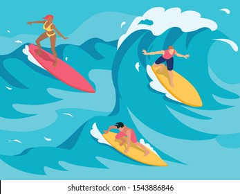 Experienced surfers paddle into towed onto high waves using larger longer boards colorful isometric composition vector illustration 