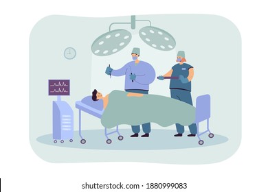 Experienced surgeons team treating patient on operation table flat vector illustration. Cartoon medical workers working in operation room. Medicine and technology concept