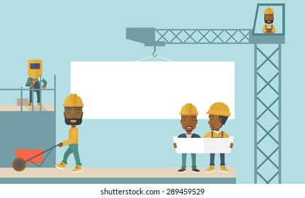 Un equipo experimentado de trabajadores negros con manto blanco usando cascos. Un estilo contemporáneo con una paleta pastel y un suave fondo azul tintado. Ilustración de diseño plana vectorial. Diseño horizontal.