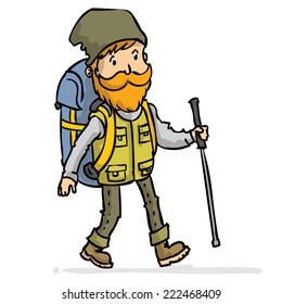 Experienced traveler with a backpack and hiking stick. Hand drawn cartoon colorful vector illustration.