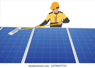 Experienced worker wearing hard hat and uniform cleaning blue solar panels outdoor using a long handled wiper to remove any grime or dirt in solar power plant station alternative energy from nature.  