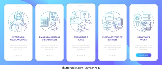 Experiences blue gradient onboarding mobile app screen. Job and career walkthrough 5 steps graphic instructions with linear concepts. UI, UX, GUI template. Myriad Pro-Bold, Regular fonts used