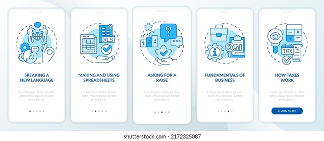 Experiences blue onboarding mobile app screen. Job and career walkthrough 5 steps editable graphic instructions with linear concepts. UI, UX, GUI template. Myriad Pro-Bold, Regular fonts used