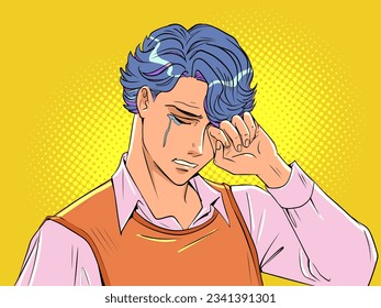 Experiences due to life problems. Men can cry too. Nice young anime guy crying. Pop Art Retro Vector Illustration Kitsch Vintage 50s 60s Style